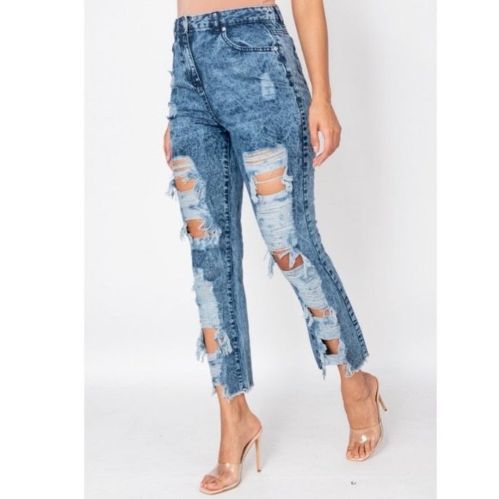 Blue Acid Wash High Waist Ripped Distressed Boyfriend Jeans Denim - Picture 3 of 9